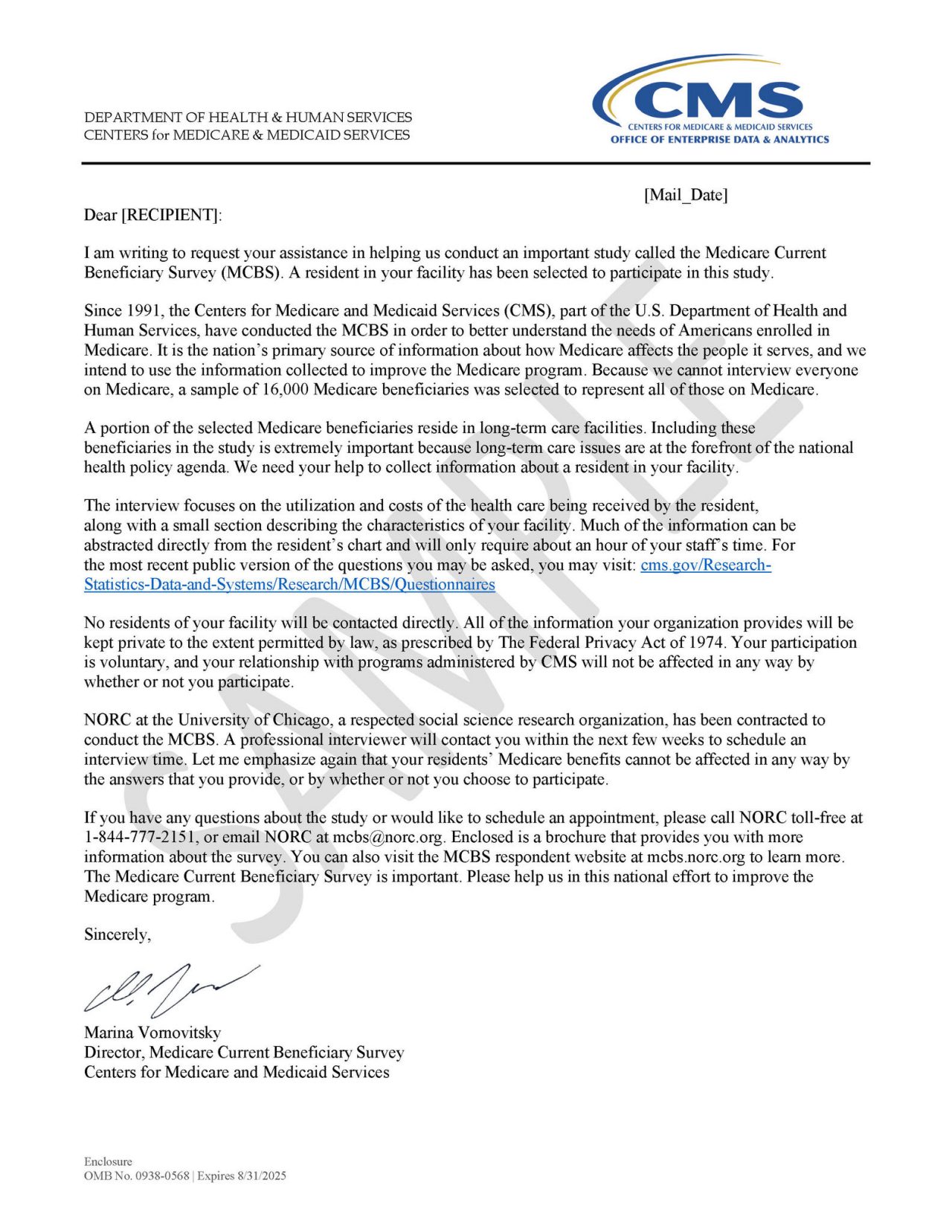 MCBS Facility Advance Letter Sample